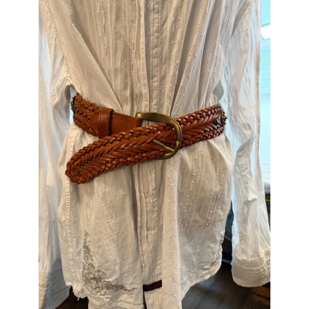 DKNY 90's Leather Braided Woven Belt Brown Brass Concho Studded M/L Western